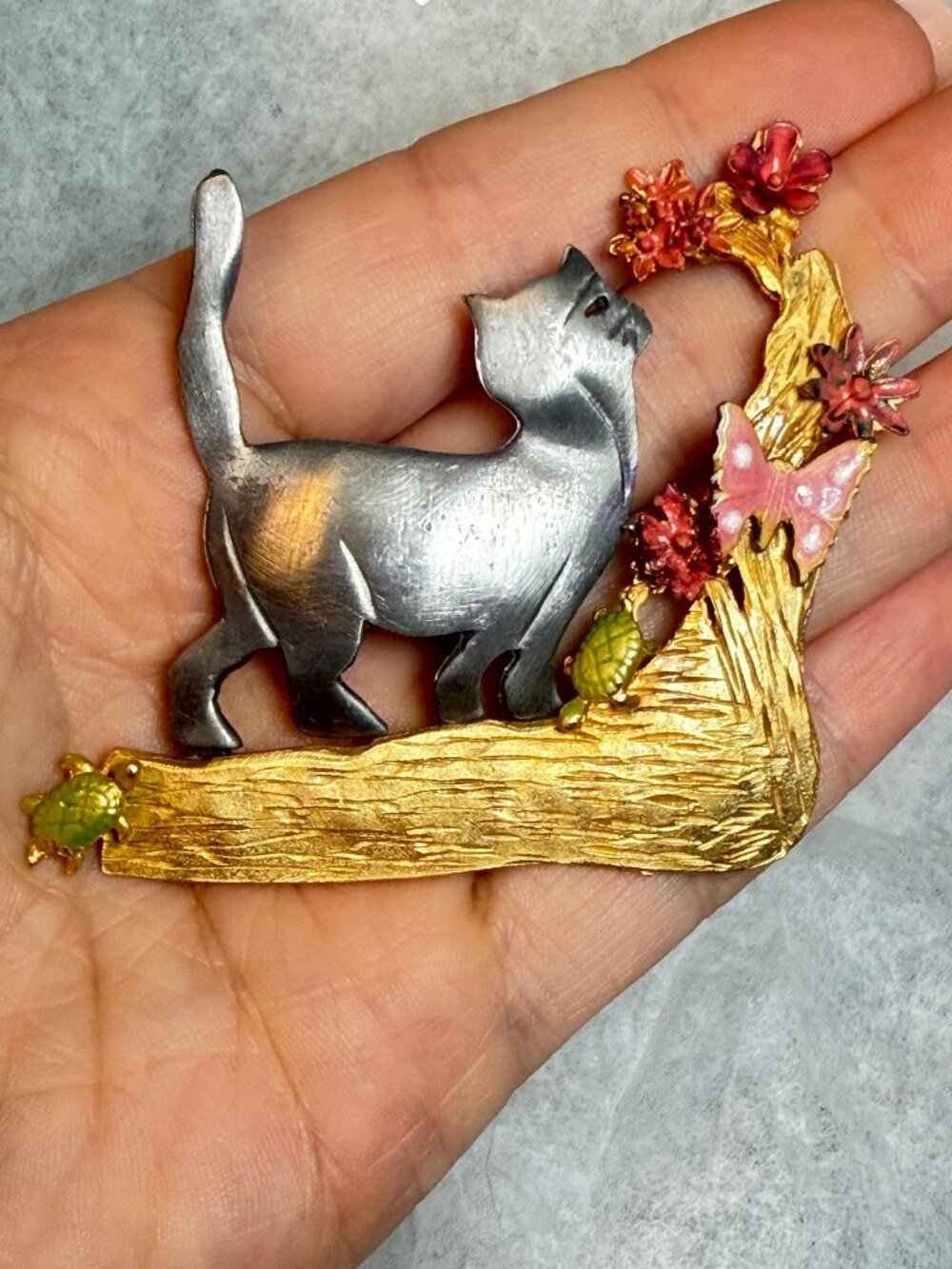 OOAK Ultra Craft Cat Brooch Upcycled Branch Flowers Butterfly Vintage 2.75 inche